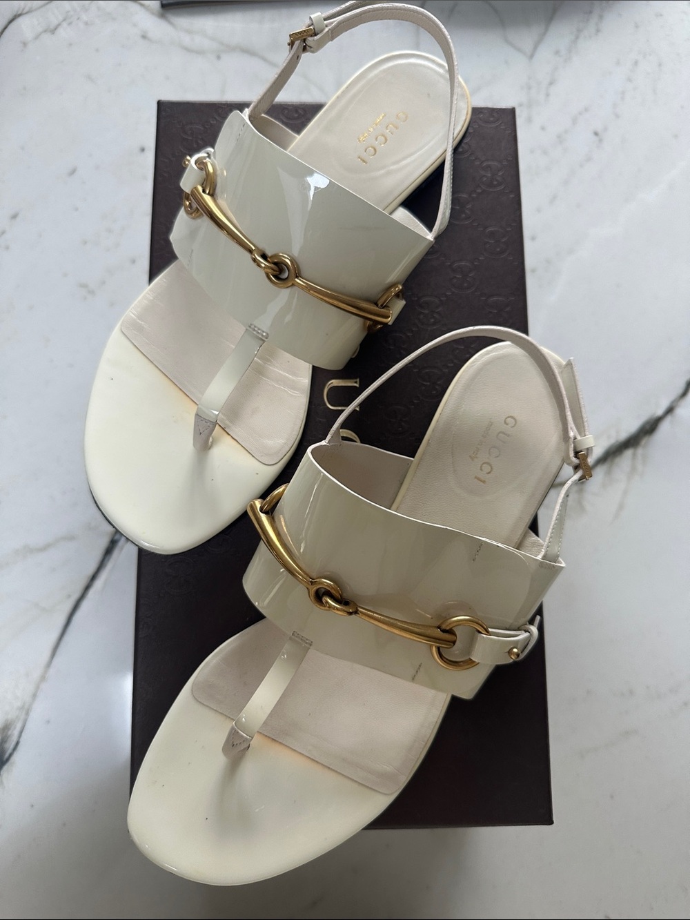 Gucci Cream Patent Leather Horsebit Thong Sandals